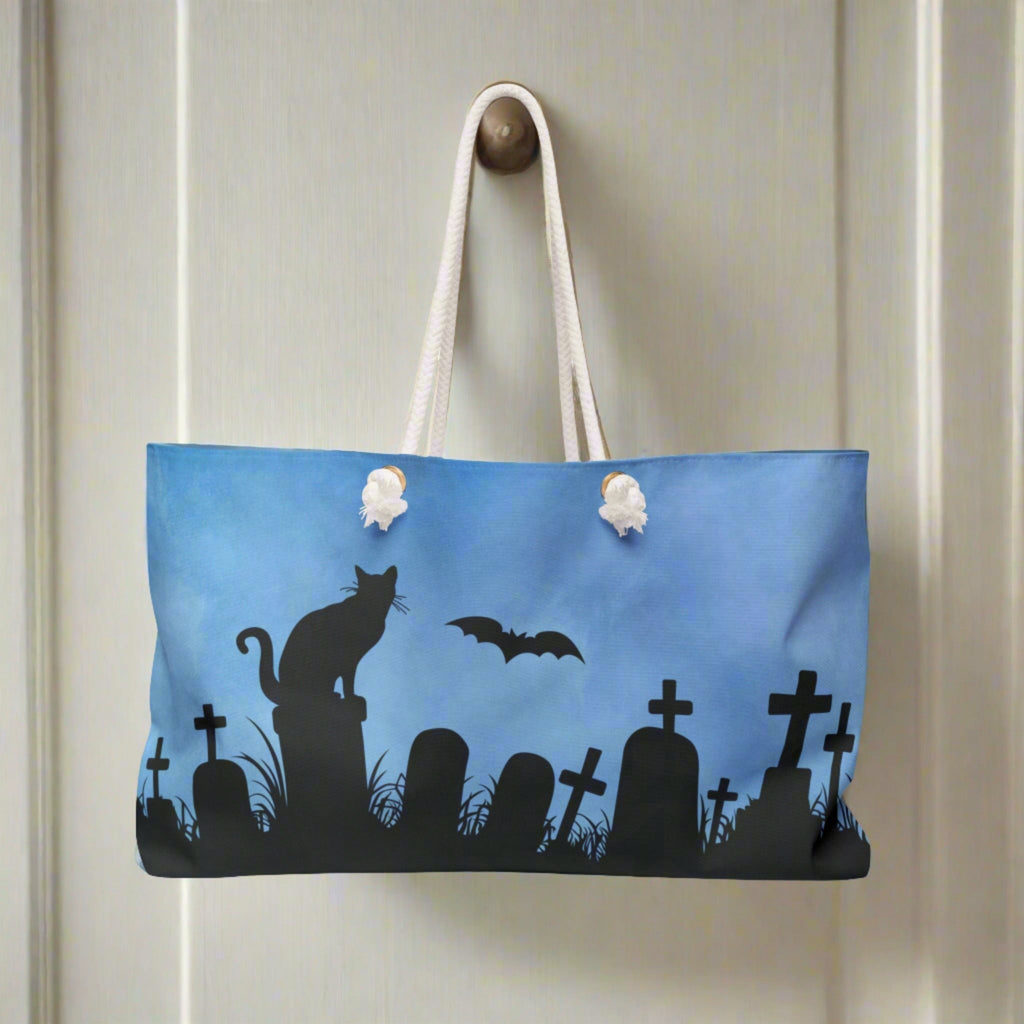 Halloween Cat Graveyard Weekender Tote – Spooky Black Cat Travel Bag